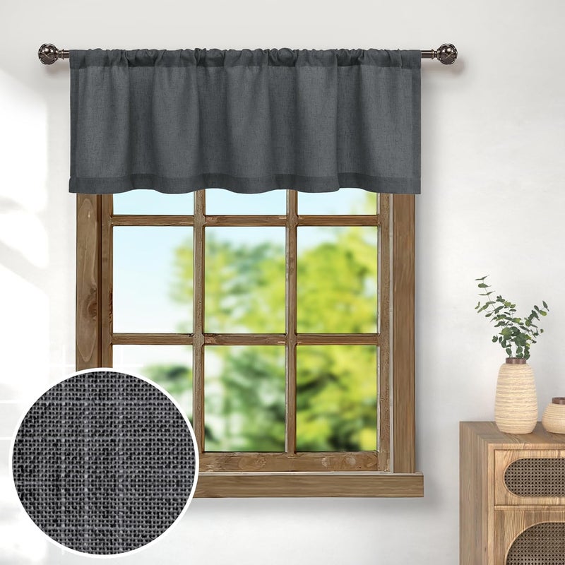 Pitalk Dark Grey Valance for Window - 18 Inch Length, Light Filtering Sheer Linen Cotton Kitchen Valance for Bathroom, Living Room, Bedroom, Small Window Curtain - Farmhouse, Charcoal Gray - Image 1